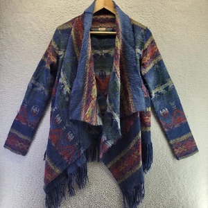 Hollister Aztec Southwestern Cardigan Womens Small Blue Red Tassle Open Sweater - Picture 1 of 14