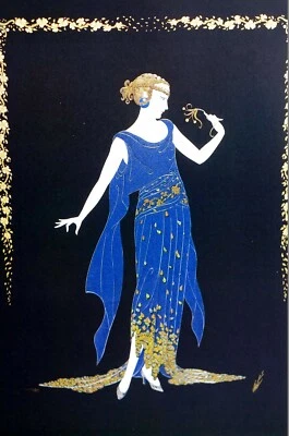 VESTIDO DE PÉTALOS DE FLORES Erte con estampado mate 1991 azul amarillo hojas Art Deco moda Foto 1 de 4