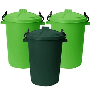 3 x Plastic 50L Dustbin Heavy Duty Locking Lids Home Kitchen Green Garden Set UK - Picture 1 of 23