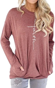 Women'S Casual Faith Printed round Neck Sweatshirt T-Shirts Tops Blouse with Poc - Picture 1 of 12