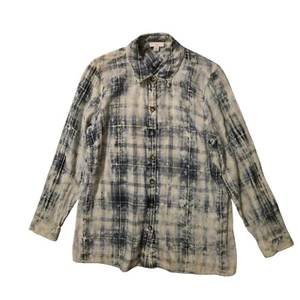 J. Jill Plaid Distressed Watercolor Blue Medium Button Up Cotton Shirt Work Wear - Picture 1 of 7