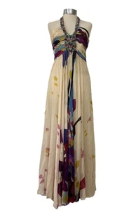 Jovani Multicoloured Pleated Silk Maxi Dress Embellished Halter Neck Party Sz 12 - Picture 1 of 23