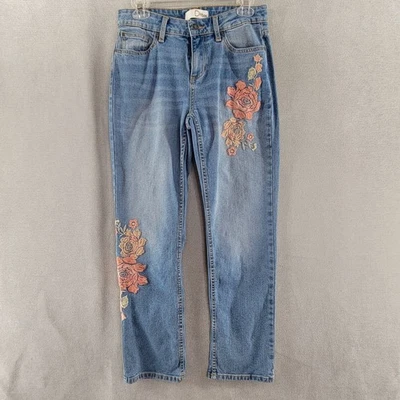 Pantalones de mezclilla Dittos para mujer 6 azules bordados florales lavado claro boho hippie Foto 1 de 4