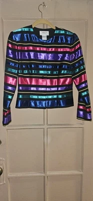 Talbots Jacket Women Petite 2 Black Rainbow Satin Ribbon Stripe Lined Dressy - Image 1 of 3