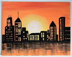 Acryl Gemälde Sonnenuntergang Großstadt Nacht Stadtbild Modern Wohndeko Wolkenkratzer  - Bild 1 von 7