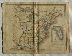 SIDNEY HALL HAND-COLORED ENGRAVING MAP OF EARLY U.S., 1822