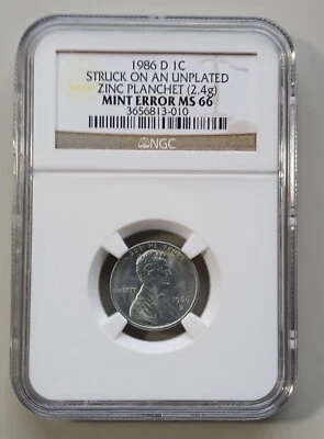 Scarce 1986 D Struck on Unplated Zinc Planchet NGC MS 66 Super Nice GEM - Image 1 of 2