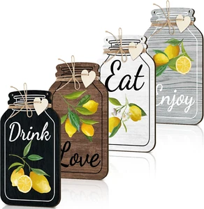 4 Pcs Kitchen Wall Decor Lemon Mason Jar Shaped Wooden Rustic Home Decor for Kit - Picture 1 of 12