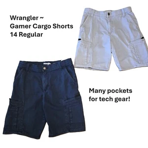 Wrangler Cargo Shorts Boys ~ Size 14 ~ Gamer ~ Tech Pockets ~ Gray and Navy - Picture 1 of 13