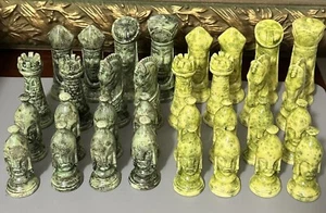 Vintage Glazed Porcelain/Ceramic Chess Piece Green & Yellow Medieval Style 32 Pc - Picture 1 of 13