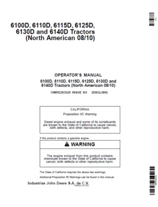 JOHN DEERE 6100D 6110D 6125D 6130D 6140D 6115D TRACTOR OPERATORS MANUAL - Picture 1 of 5