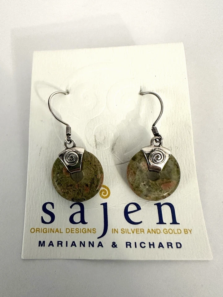 SAJEN 925 Sterling Silver Green Stone Round Dangle Drop Earrings Signed Vintage - Image 1 of 4