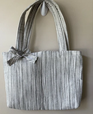 Hand-made OOAK Women's Small Striped Canvas Tote Bag Button Bow Accent Preppy - Image 1 of 4