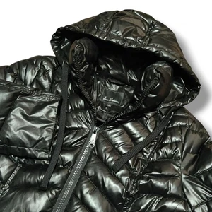 Sam Edelman Women's Black Puffer Hoodie Winter Zip Parka Long Coat Size Medium - Picture 1 of 9