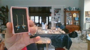 Yellow Gold Plated Blue Humming Bird Tassel Dangle Earrings - Picture 1 of 3