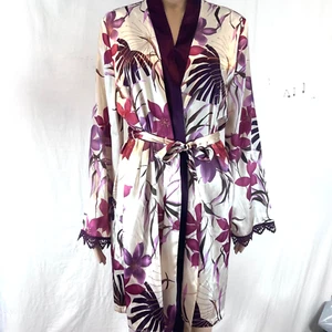 Gilligan & O'Malley Ivory Satin Robe Knee Length w Sash S/M Hawaiian Floral - Picture 1 of 9