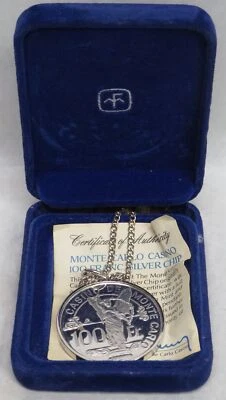 1979 SILVER MONTE CARLO PROOF 100 FRANCS CASINO GAMING PENDANT BOX & COA - Image 1 of 4