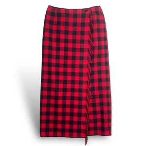 Liz Claiborne Wool Blend Buffalo Red Black Check Plaid Fringe Maxi Wrap Skirt 8 - Picture 1 of 8