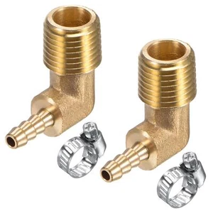 2 Set 3/16" x 1/4NPT Male Thread Brass Hose Barb Fitting Elbow with Hose Clamp - Picture 1 of 5