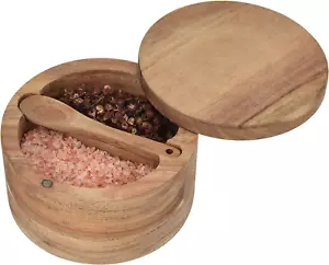 Acacia Wood Salt and Pepper Cellar with Swivel Magnetic Lid Serving Spoon inside - Picture 1 of 12