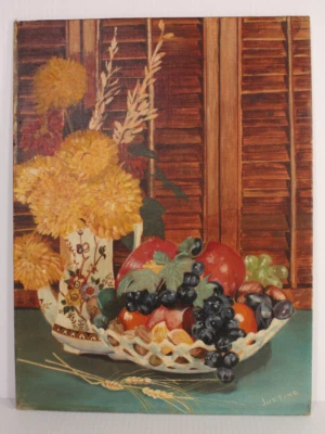 Primitive Folk Art Fruit Flowers Still Life 16x12 Oil Painting Signed Justine Foto 1 de 4