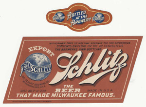 Schlitz 24oz Export Beer label with neck Irtp U# Milwaukee Wi