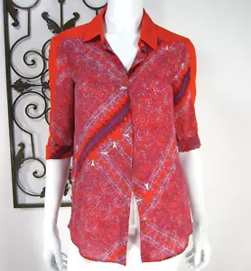 ELLA MOSS 3/4 ARM BUTTON DOWN BLUSE GR. S SMALL ROT KRAGEN BEDRUCKT - Bild 1 von 5