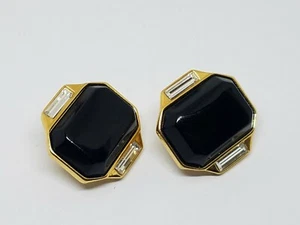 Vintage Retro Trifari Gold Tone Black Lucite Clear Rhinestone Clip on Earrings - Picture 1 of 12