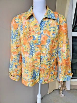 Chaqueta Coldwater Creek Mujer 16 Naranja Azul Amarillo Abstracto Floral Acuarela Foto 1 de 4