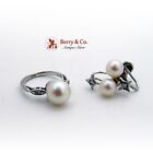 Splendid 14 K White Gold Ring Earrings Set Cultured Pearls Diamond Accents