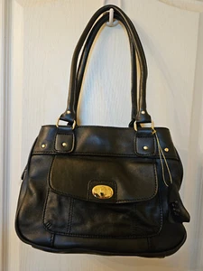 Genuine Black Leather Handbag Satchel Shoulder Bag Multiple Compartments Medium - Picture 1 of 19