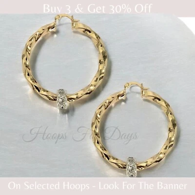 Золотые серьги-кольца с шариками фианитами 9 карат золото 50 мм маленькие простые обручи - Изображение 1 из 4