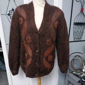 VINTAGE LADIES SZ18 BROWN MOHAIR WOOL KNIT LINED FAUX LEATHER DESIGN CARDIGAN - Picture 1 of 11