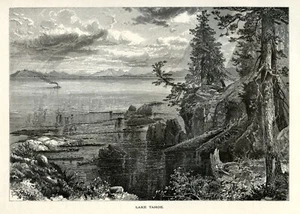 Lago Tahoe Nevada paesaggio storico America occidentale 1874 antica incisione legno - Foto 1 di 4