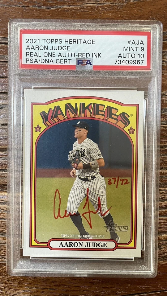 2021 Topps Heritage Aaron Judge Real One Auto Red Ink PSA 9 Auto 10 37/72 - Image 1 of 2