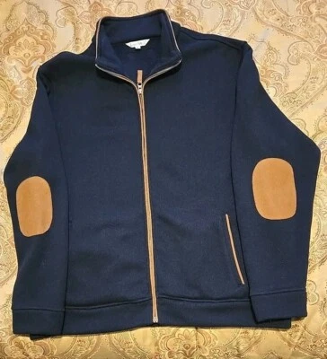 TravelSmith Full Zip Sweater with Elbow Pads- Navy and Tan - XL - 100% Polyester Foto 1 de 4
