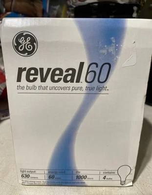GE Reveal 60 Watt Light Bulbs Pack of 4 Bulbs New In Box - Image 1 of 2
