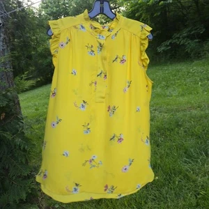 Ann Taylor Loft Sleeveless Chiffon Blouse Yellow Floral Ruffle Trim V Neck LARGE - Picture 1 of 13