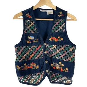 Victoria Jones Lattice Vest Womens MP Blue Embroidered Corduroy Fall Harvest - Picture 1 of 9