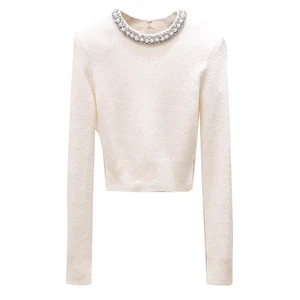Self Portrait White Jewel Collar Cropped Sweater - Picture 1 of 6
