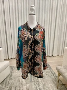 Camisa túnica Johnny Was 100 % seda top floral bordado dobladillo talla mediana usada en excelente estado - Imagen 1 de 8