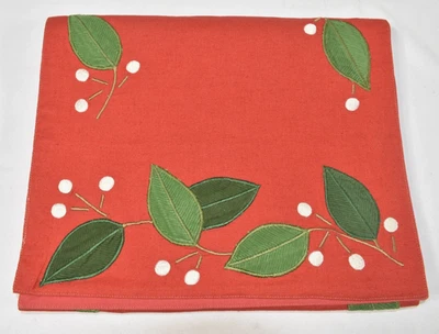 Crate and Barrel Bayberry Applique Embroidered Red Christmas Table Runner 14x90 - Image 1 of 4