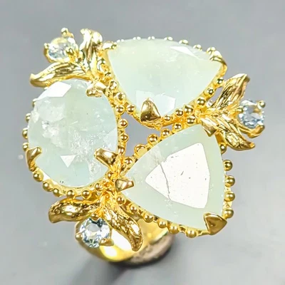 手工制作 16 克拉 + 天然海蓝宝石戒指 925 纯银 8 码 /R439922 — 第 1/4 张图片