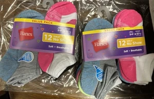 (2 Value Pack)NEW - Hanes Girls - Cool Comfort - No Show Socks - 12 Pack - Small - Picture 1 of 9