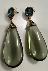 Orecchini Vintage Goccia Lucite Tono Oro Strass Blu Grigio Fumè Goccia 2,5” - Foto 1 di 8
