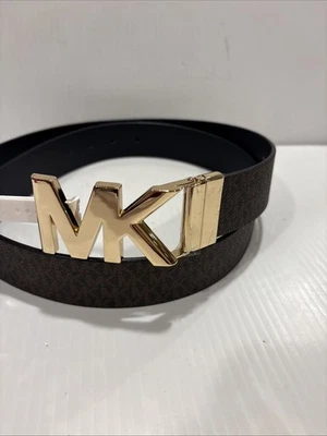 NUEVO CINTURÓN MUJER MICHAEL KORS REVERSIBLE MARRÓN/NEGRO MK LOGO HEBILLA DORADA Talla XL Foto 1 de 4