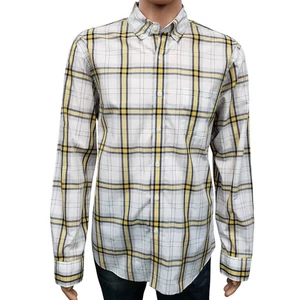 J. Crew NY Light Weight Shirt Slim Fit Men L Button Down White Yellow Navy Plaid - Picture 1 of 10