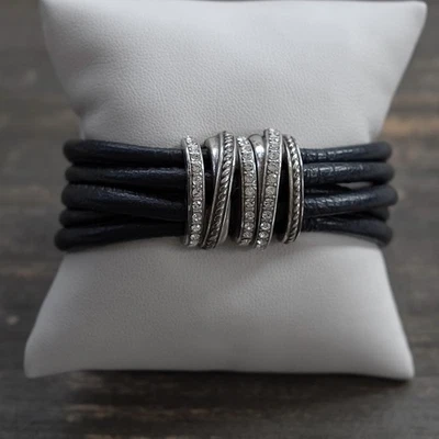 Brighton Neptune's Rings Leather Bracelet Navy Blue Magnetic Clasp Silver Plated - Image 1 of 4