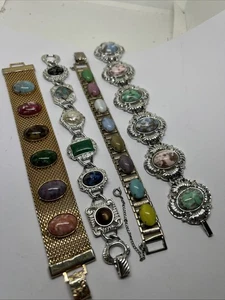 4 Vintage Sarah Coventry Gliederarmband 7 Zoll mehrfarbig Cabochon silber/goldfarben - Bild 1 von 10