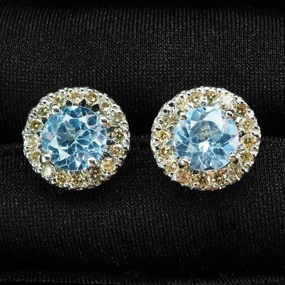Alluring Sky Blue Aquamarine 3.20Ct 925 Sterling Silver White Gold Stud Earrings - Image 1 of 4